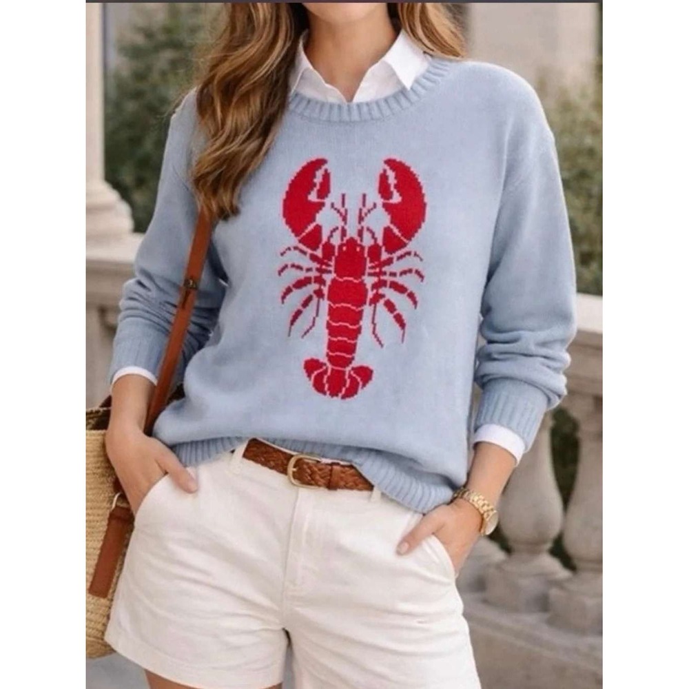 Mighty Fine Sweater Women Large Light Blue New Lobster Graphic Knit Crew Neck